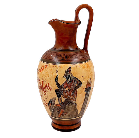 Greek Pottery Vase 30cm,Oinochoe with Brown shades, shows Triptolemus with Demeter and  God Hermes - ifigeneiaceramics