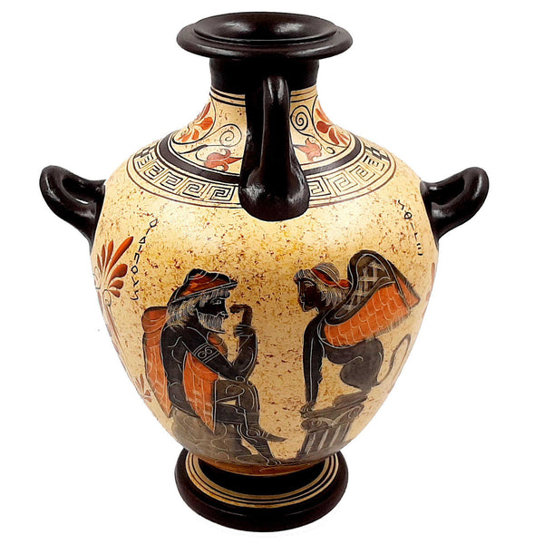 Greek Pottery Vase,3 Handle Hydria 26cm ,Aegeus with Pythia,Oedipus and the Sphinx - ifigeneiaceramics