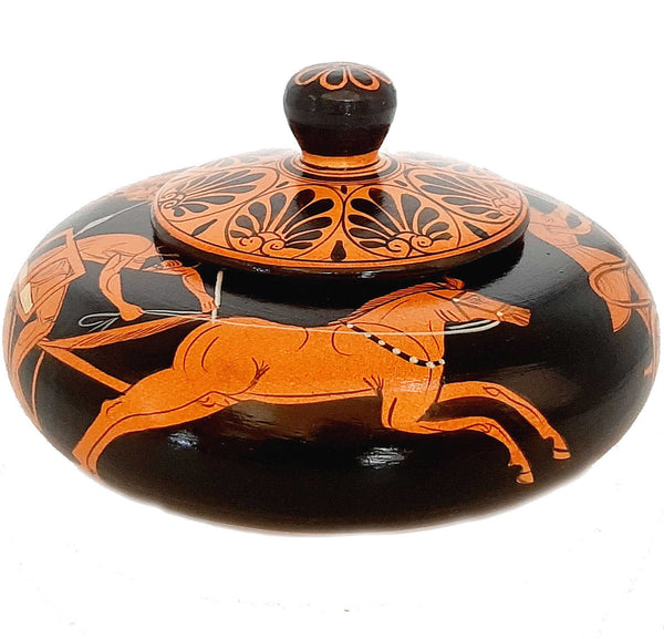 Greek Pyxis 14cm, Red Figure Pottery shows Chariot races