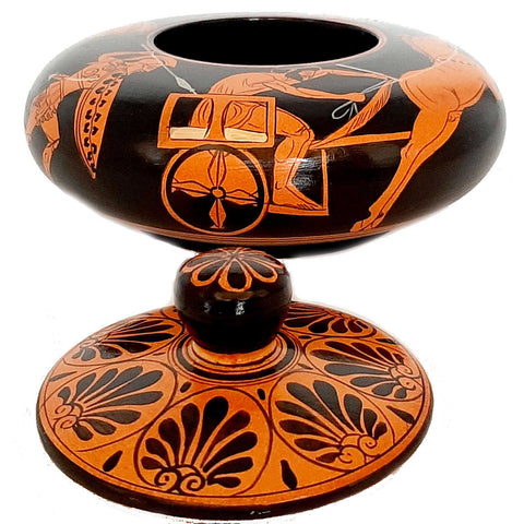 Pyxis grecque 14cm, poterie à figures rouges montre des courses de chars