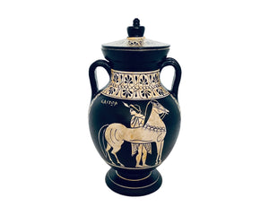 Greek Vase Amphora with lid,Ajax and Achilles,White figure Pottery 19cm