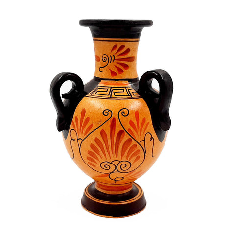Greek Vase ,Amphora 17cm with 3 handles,shows God Apollo with Goddess Artemis - ifigeneiaceramics