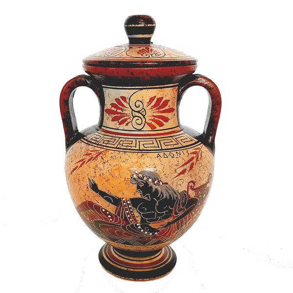 Greek Vase,Amphora with lid 19,5cm,God Poseidon with Goddess Hera - ifigeneiaceramics
