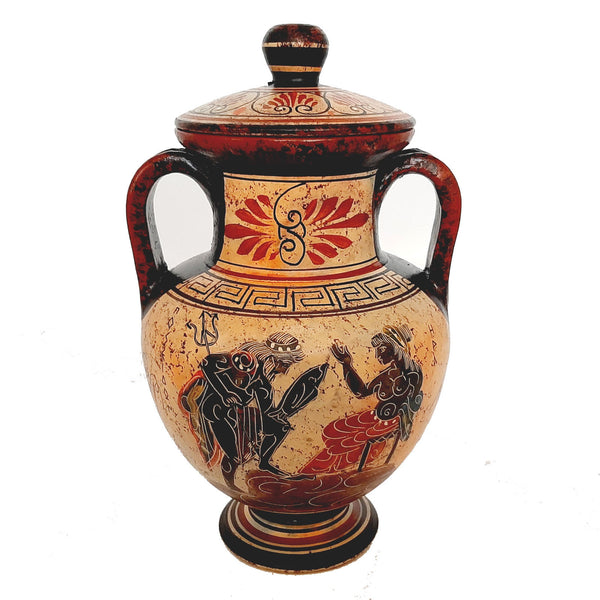 Greek Vase,Amphora with lid 19,5cm,God Poseidon with Goddess Hera - ifigeneiaceramics