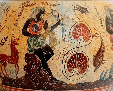 Pyxis  36cm,Ancient Greek Art with multicolor background ,Odysseus kills suitors - ifigeneiaceramics