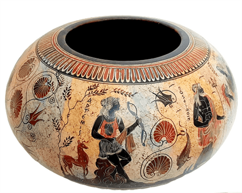 Pyxis  36cm,Ancient Greek Art with multicolor background ,Odysseus kills suitors - ifigeneiaceramics