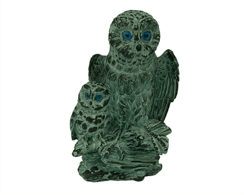 Owl with her baby Statue,Green Patina ,Plaster Sculpture 17cm