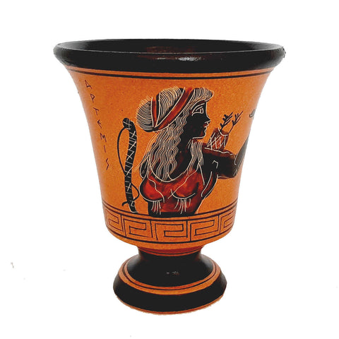 Pythagorean cup,Greedy Cup 11cm,Orange painting, shows Goddess Artemis - ifigeneiaceramics