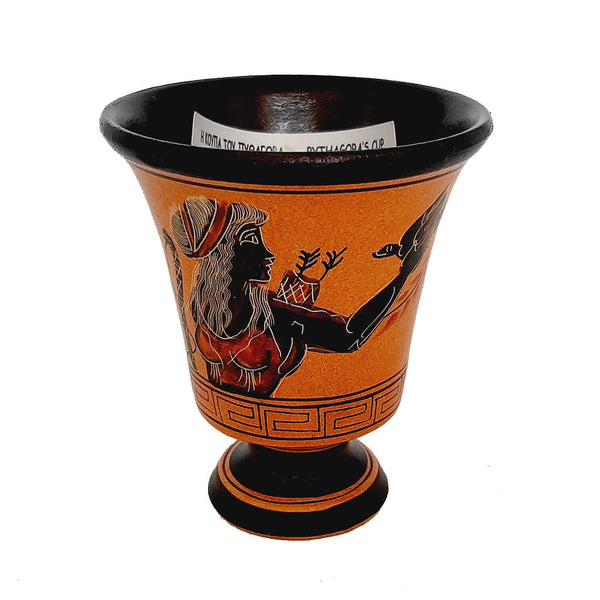 Pythagorean cup,Greedy Cup 11cm,Orange painting, shows Goddess Artemis - ifigeneiaceramics