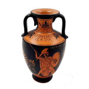 Red Figure Pottery Amphora 17cm Glazed,Leonidas in the battle - ifigeneiaceramics