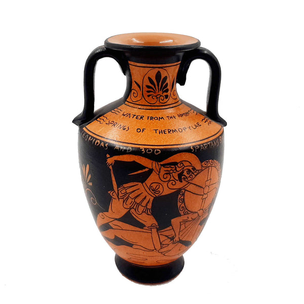 Red Figure Pottery Amphora 17cm Glazed,Leonidas in the battle - ifigeneiaceramics