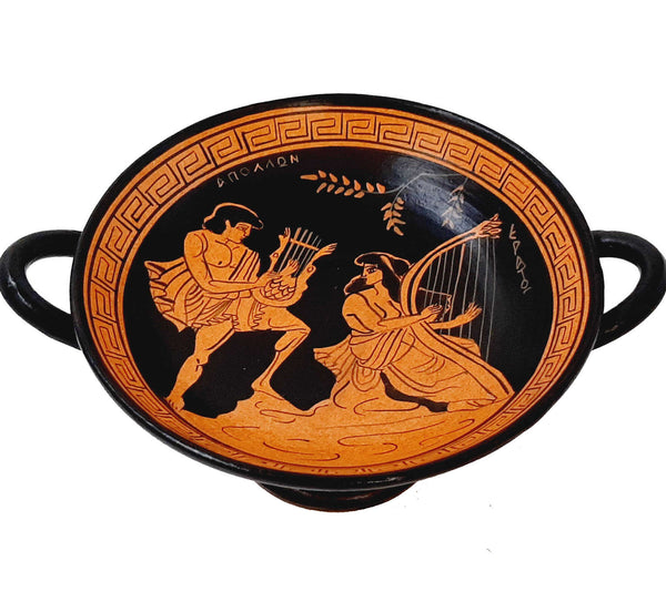 Red Figure Pottery Kylix 16cm,God Apollo with Erato - ifigeneiaceramics