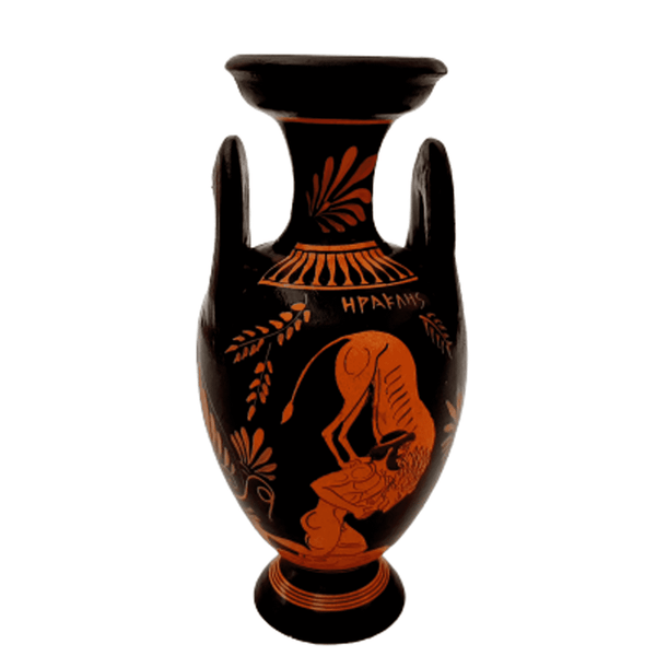 Red figure Vase,Amphora 22cm , shows Oedipus with Sphinx and Hercules with Nemean Lion - ifigeneiaceramics