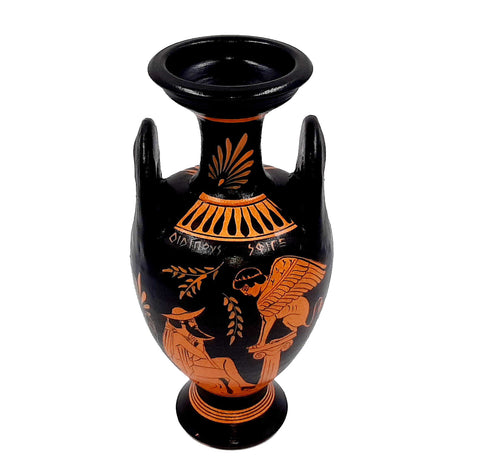 Red figure Vase,Amphora 22cm , shows Oedipus with Sphinx and Hercules with Nemean Lion - ifigeneiaceramics