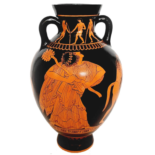 Red figure Panathenaic Amphora 31cm,God Dionysus with Manaed and Satyrs - ifigeneiaceramics