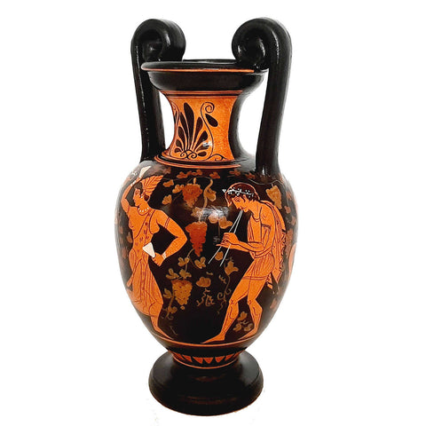 Vase Amphore à figures rouges 25cm,Dieu Dionysos avec Satyres et Manaeds
