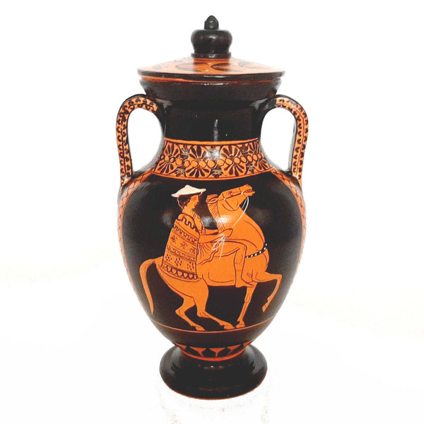 Red figure Pottery Amphora with lid 19,5cm,Hercules and Cerberus - ifigeneiaceramics