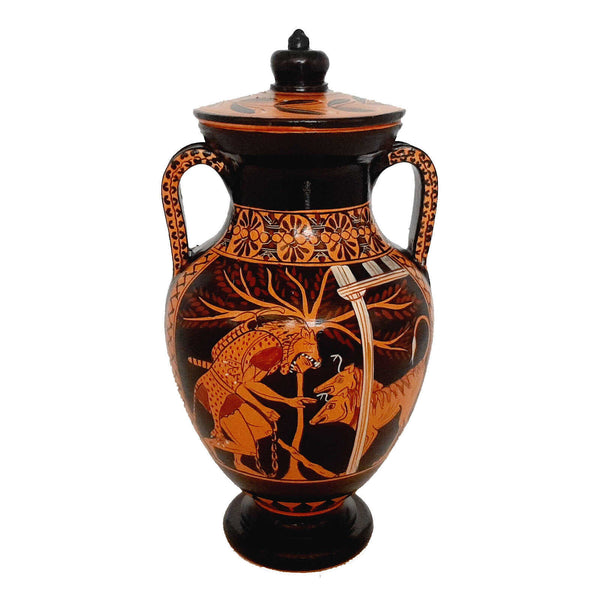 Red figure Pottery Amphora with lid 19,5cm,Hercules and Cerberus - ifigeneiaceramics