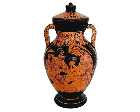 Red figure Pottery Amphora with lid 24cm, Achilles Patroclus,Pandora