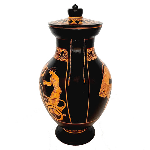 Red figure Pottery Amphora with lid 24cm, battlefield scenes from Trojan War