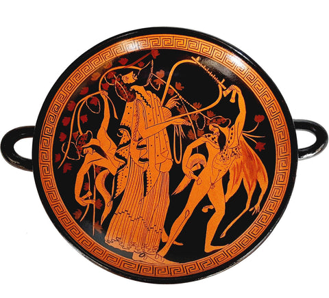 Figurine rouge Poterie Kylix 20cm,Dieu Dionysos avec satyres dansants