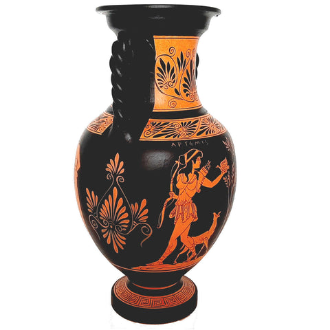 Vase en poterie à figures rouges 36 cm, Hercule avec lion, Dieu Hermès avec la déesse Artémis