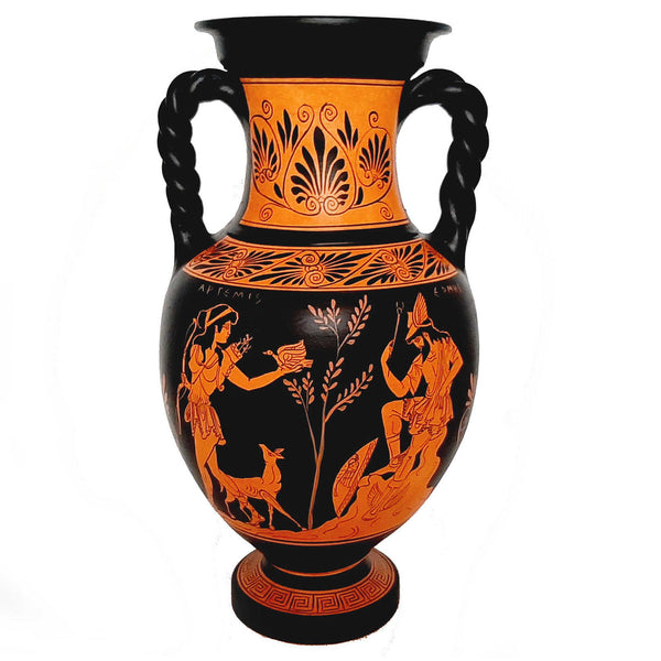 Ερυθρόμορφο κεραμικό βάζο 36cm,Ηρακλής με λιοντάρι,Θεός Ερμής με θεά Άρτεμη