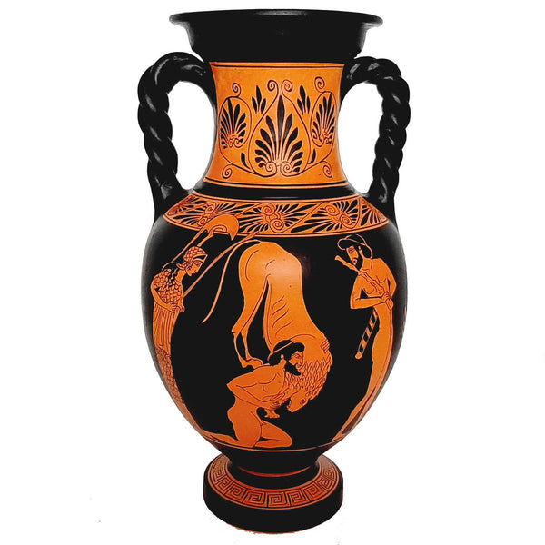 Ερυθρόμορφο κεραμικό βάζο 36cm,Ηρακλής με λιοντάρι,Θεός Ερμής με θεά Άρτεμη