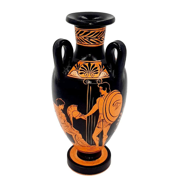 Red figure Vase Amphora with 3 handle 22cm,Warrior's Farewell - ifigeneiaceramics