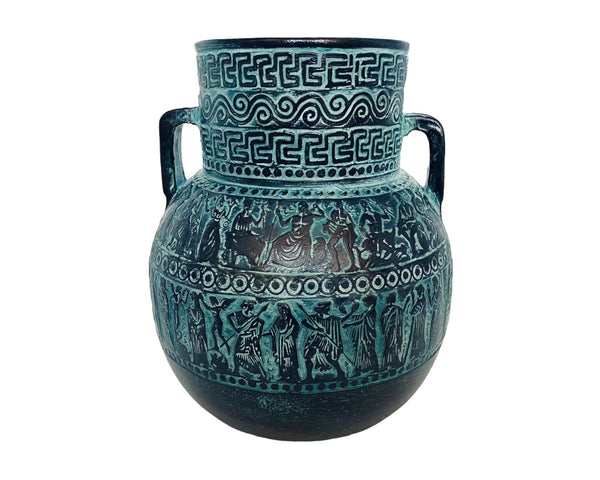 Relief terracotta Amphora Vase 20cm,Green Patina,Ancient Greek Mythology Scenses