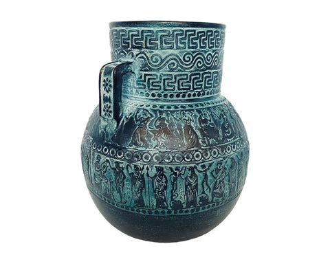 Vase amphore en terre cuite en relief 20 cm, patine verte, scènes de la mythologie grecque antique