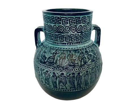 Vase amphore en terre cuite en relief 20 cm, patine verte, scènes de la mythologie grecque antique