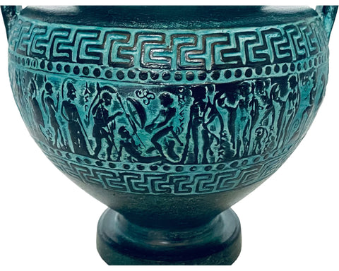Amphore en terre cuite en relief 21 cm, patine verte, scènes de la mythologie grecque antique