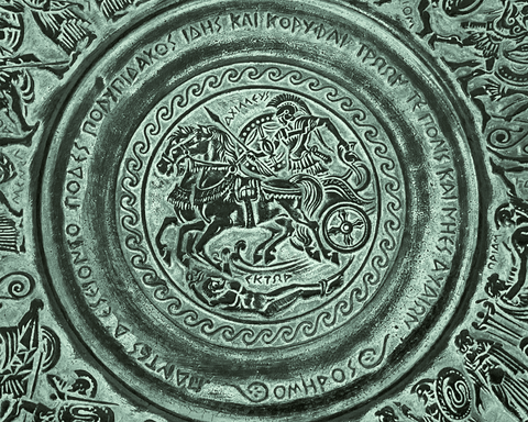 Plaque en terre cuite relief 25cm,Patine Verte,Scences de Guerre de Troie