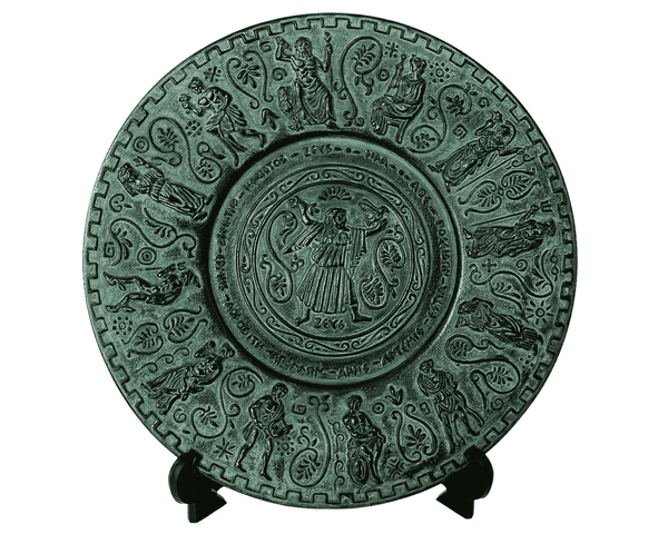 Assiette en terre cuite en relief 25cm, Patine Verte, représentant les Dieux Olympiens Grecs Anciens
