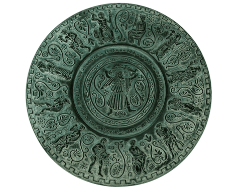 Assiette en terre cuite en relief 25cm, Patine Verte, représentant les Dieux Olympiens Grecs Anciens