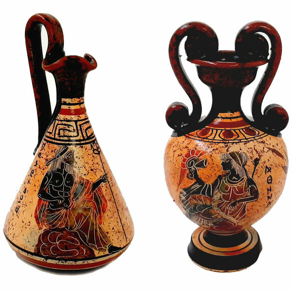 Set of 2 multicolor vases 13,5cm,Ancient Greek Pottery,Shows God Dionysus and Goddess Aphrodite - ifigeneiaceramics