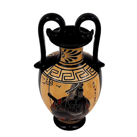 Set of 2 Black figure vases 13cm,Ancient  Greek Pottery,Shows God Poseidon and Goddess Athena - ifigeneiaceramics