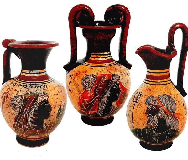 Set of 3 Ancient Greek Pottery vases 11,5cm,Multicolored,Showing Olympian Gods - ifigeneiaceramics