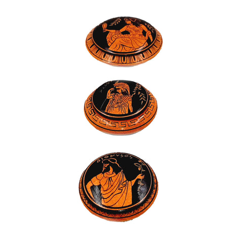 Set of 3 Ancient Greek Pyxis,Red Figure Pottery,Showing 3 Olympian Gods