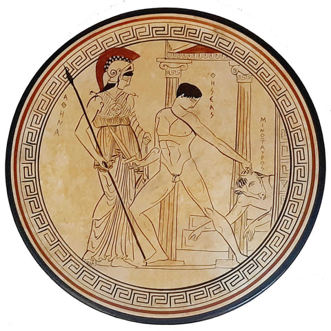 Theseus versus Minotaur and Goddess Athena,Attic white plate 23cm