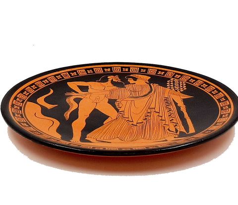 Greek Plate 24cm,Red Figure Pottery,showing Satyr & Maenad - ifigeneiaceramics